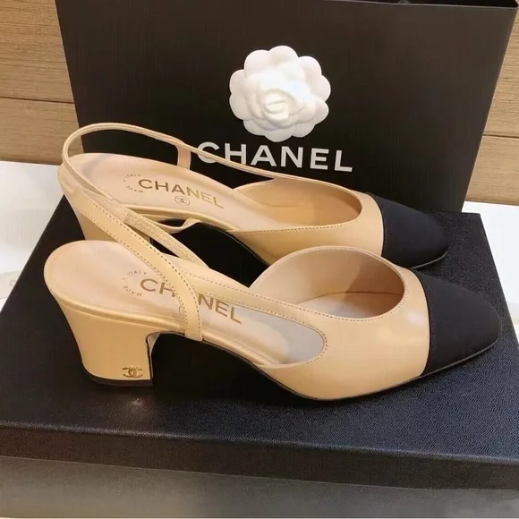 CHANEL Beige and Black Two-Tone Slingback Pumps - Picture 1 of 3